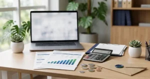 Cálculo do PPR líquido: calculadora, holerite e demonstrativo de resultados sobre a mesa do escritório
