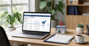 Domicílio fiscal: notebook com a caixa postal da Receita Federal e miniatura de prédio de empresa com pino de localização
