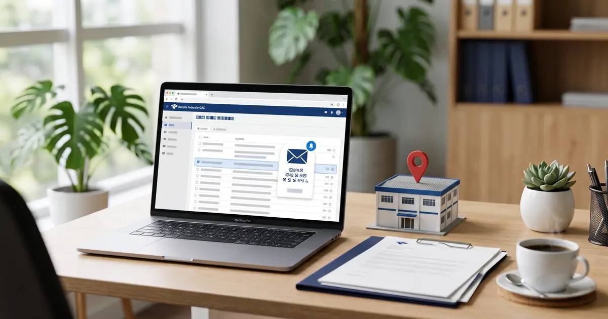 Domicílio fiscal: notebook com a caixa postal da Receita Federal e miniatura de prédio de empresa com pino de localização