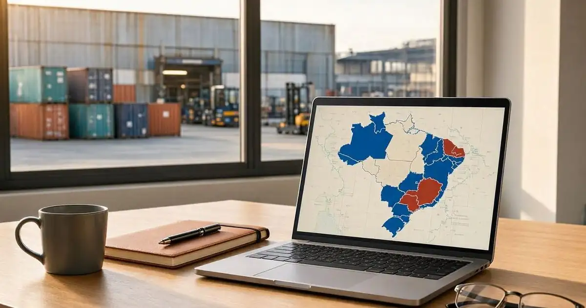 Notebook com mapa do Brasil e estados destacados, em escritório com vista para pátio de contêineres