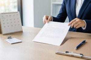 Empregador entregando a comunicação de aviso prévio ao empregado com o calendário da projeção ao lado