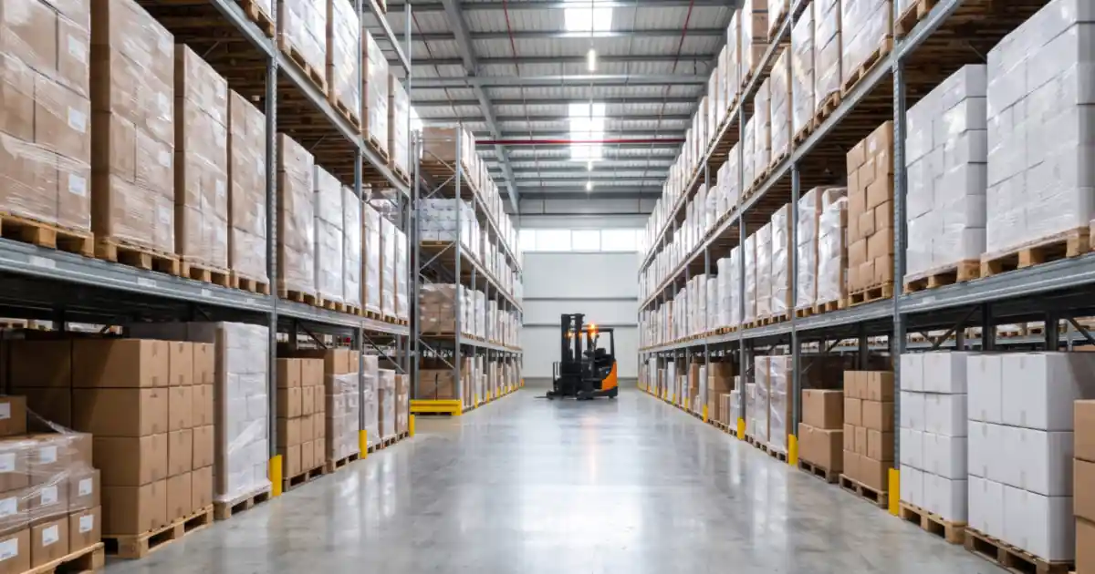 Contabilidade para distribuidoras: armazém com paletes e empilhadeira