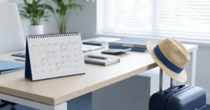 Férias antes ou depois do feriado: mesa com calendário, mala e chapéu