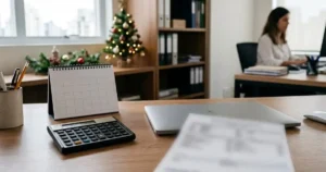Segunda parcela do 13º salário 2026: mesa de escritório em dezembro com calculadora, calendário e holerite