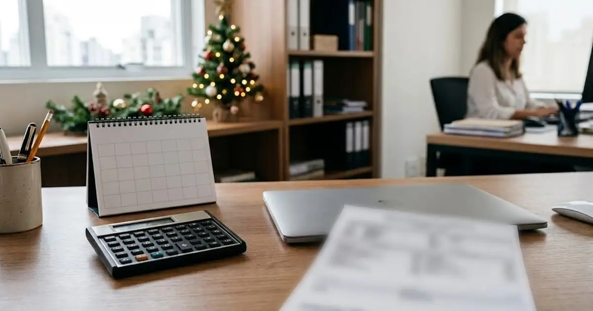 Segunda parcela do 13º salário 2026: mesa de escritório em dezembro com calculadora, calendário e holerite